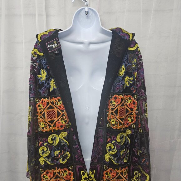 Rara Avis by Iris Apfel Kaftan Dress Maxi Embroidered Mesh Artsy Black Orange 1X - Picture 8 of 15